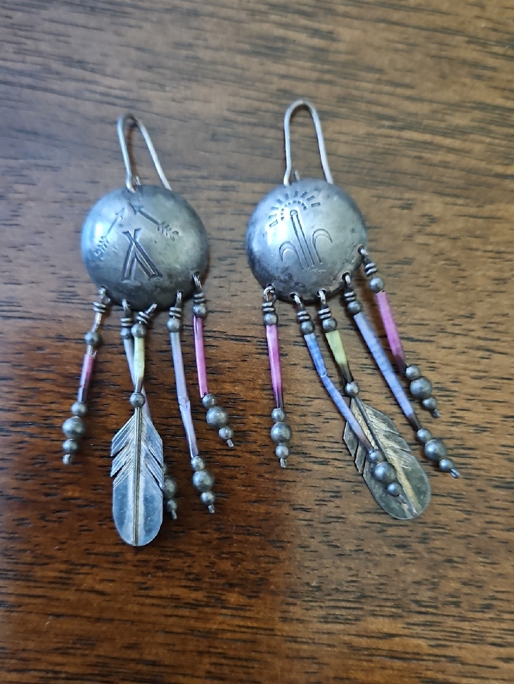 Quill And Concho Native American Dangle Earrings Vintage